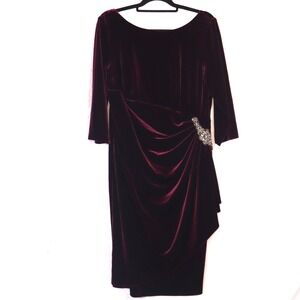 Alex Evenings Velvet Beaded Ruched Sheath Dress Plus 14W Burgundy Evening Formal